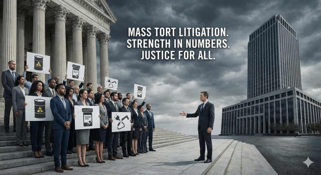 Berniard Law Firm attorneys reviewing documents for a mass tort litigation case, representing strength in numbers against corporate negligence.